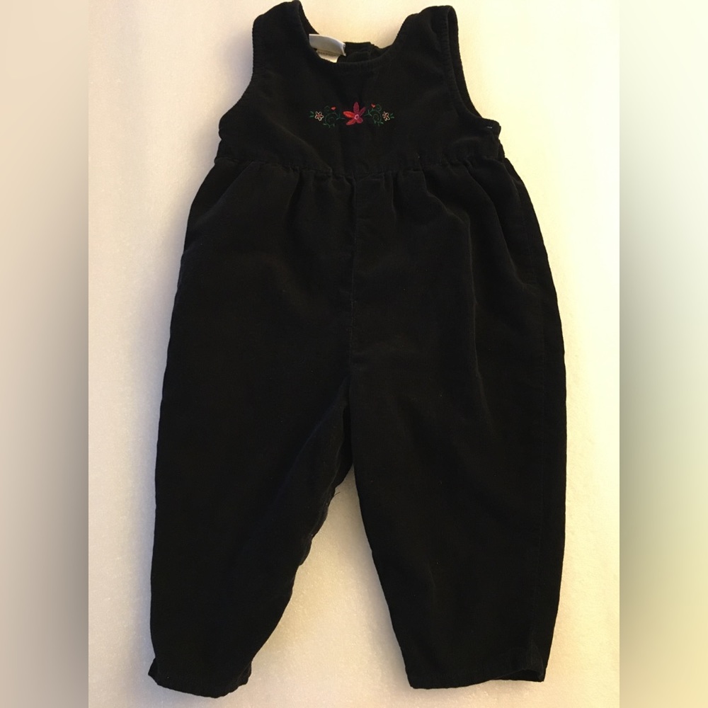 Oshkosh~Black Overalls~Corduroy with Flowers on Bib~18 Mos~VGUC~Lightweight
